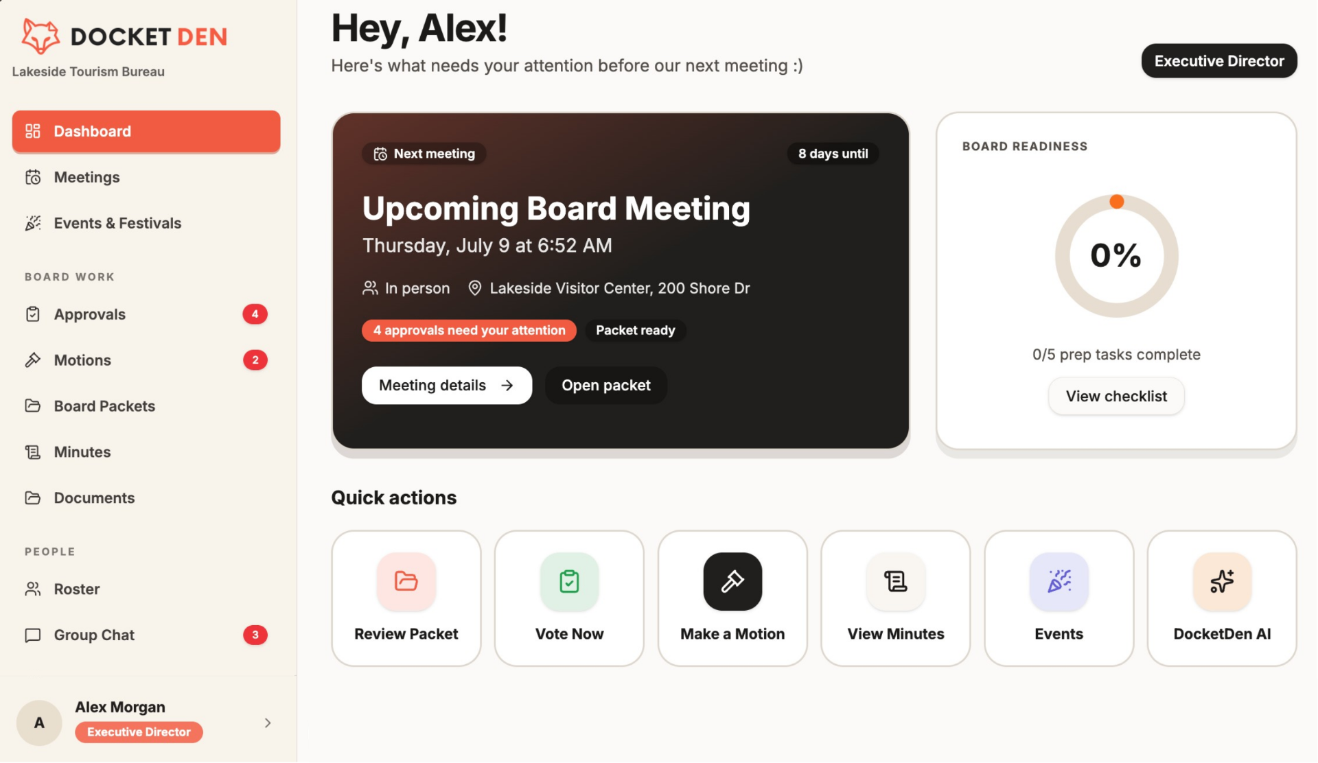 Docket Den dashboard preview showing next meeting, board readiness, and quick actions